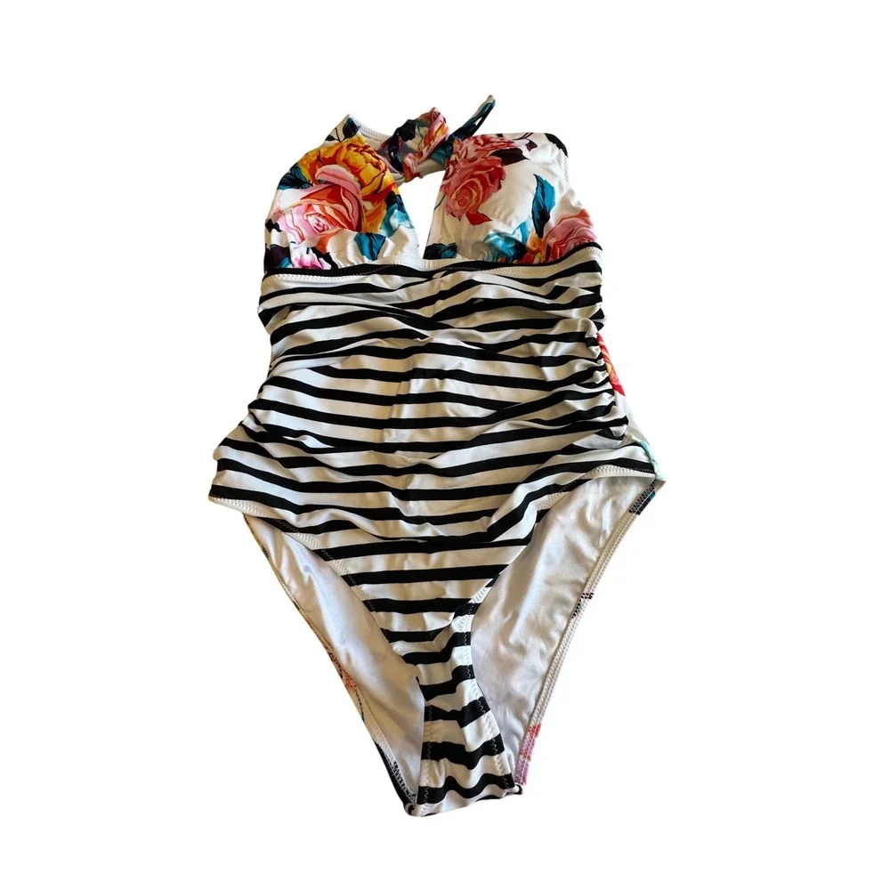Cupshe Womens Floral and Striped Halter One Piece Swimsuit White Black Large NEW - Picture 2 of 4